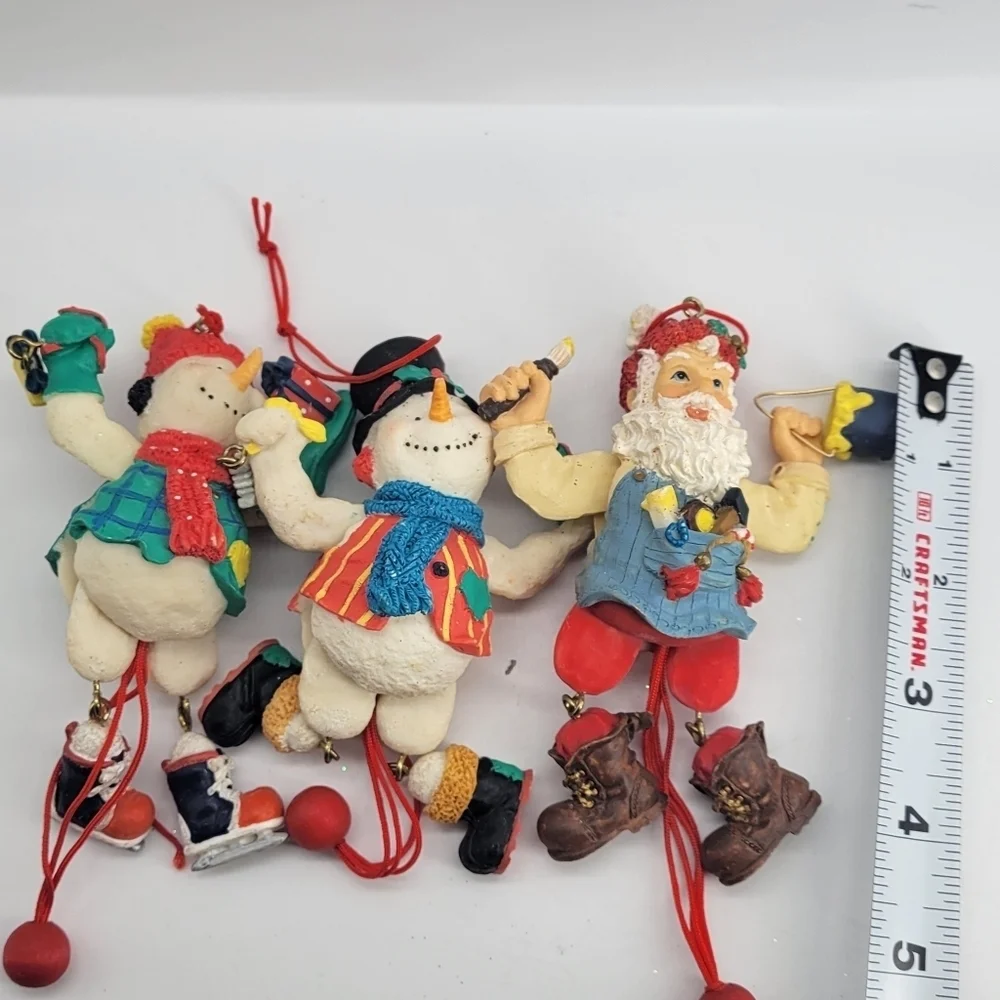 Christmas Tree Ornament Set of 4 Snowman Santa Legs Arms FLexiible Handpainted